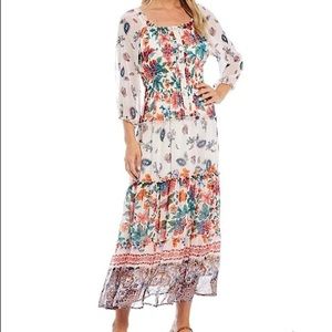 Veronica Multi Floral Block Print Off-the-Shoulder Tiered Maxi Dress